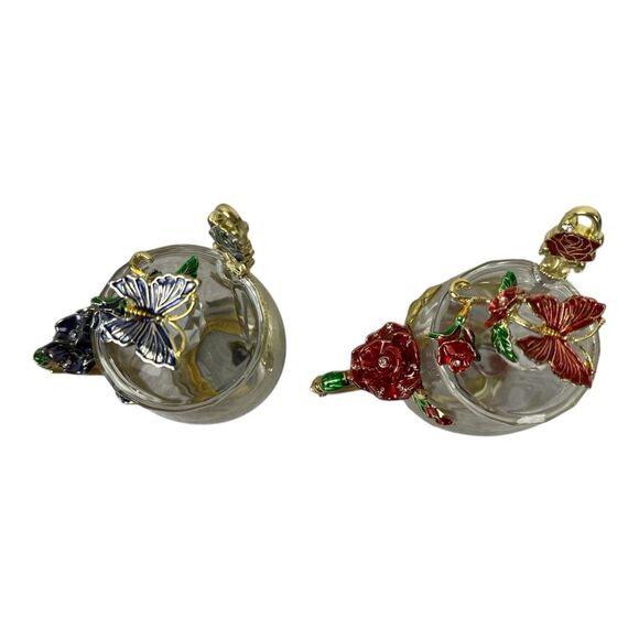 Two Butterfly Glass Tea Cups With Lid And Spoon Red & Blue Roses New In Box - Picture 8 of 11